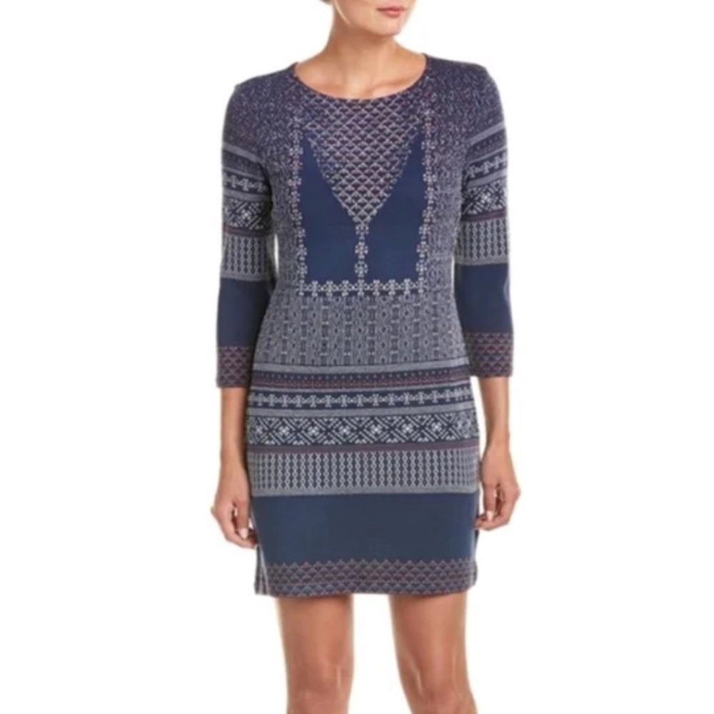 BCBGMAXAZRIA “Beth” Boho Knit Jacquard Bodycon‎ Dress in Blue Multi, Size Small